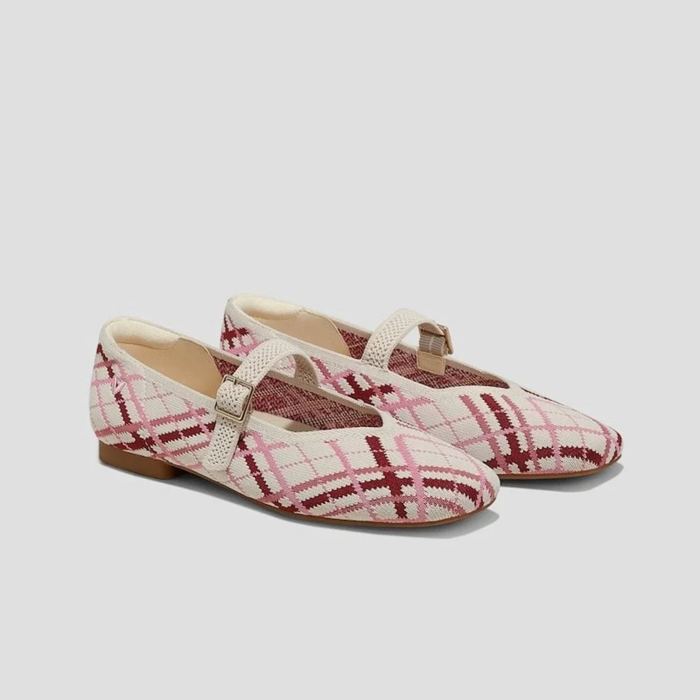 VIVAIA Square Toe Knit  Flats Pink Plaid Buckle Strap Shoes size‎ EU/41 US/9.5